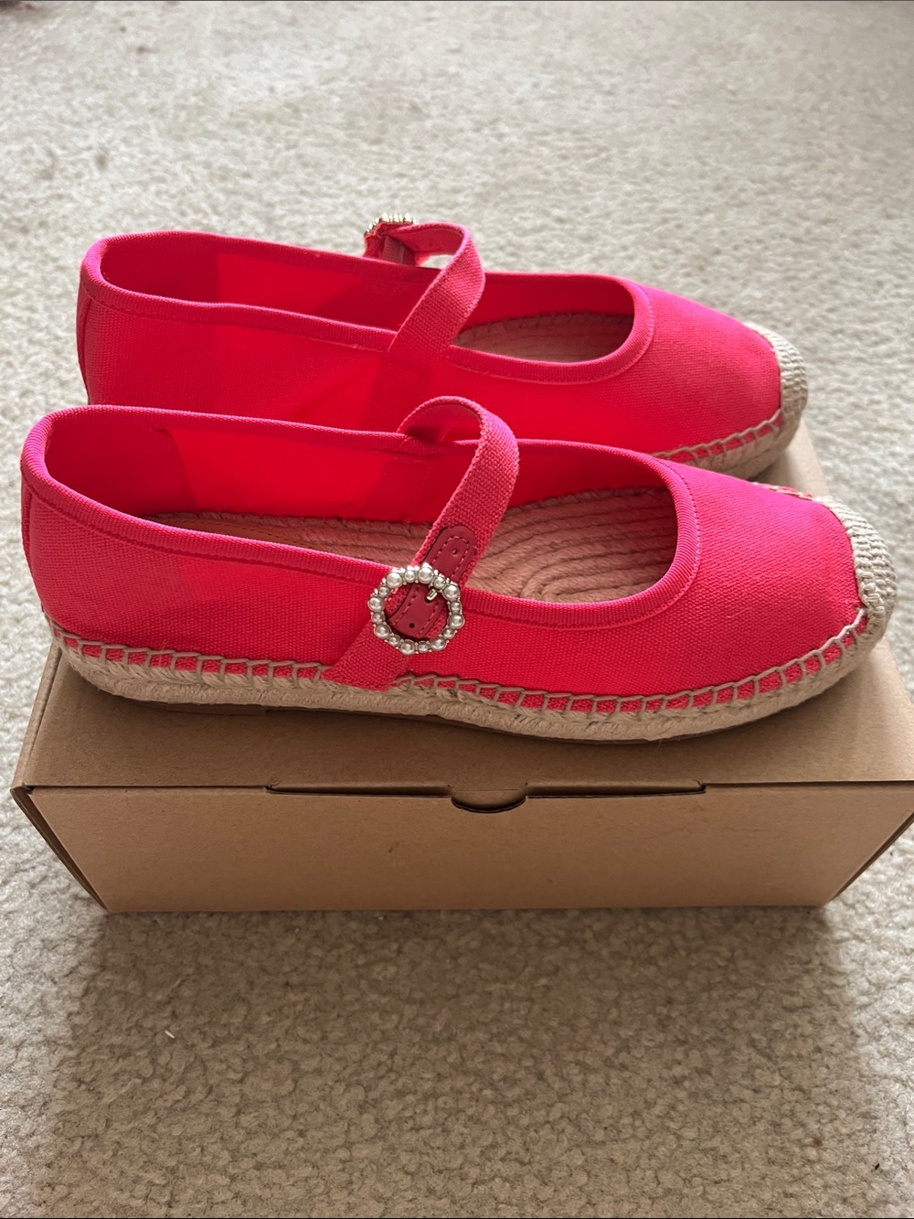 NIB Jcrew Factory Bright Pink Canvas Mary Jane Espadrille Flats